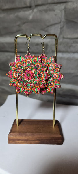 Flower shaped wooden mandala earrings, bronze toned ear wire, pink orange green