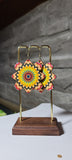 Lightweight sunflower mandala dangle earrings, bronze ear wire, yellow brown red blue black