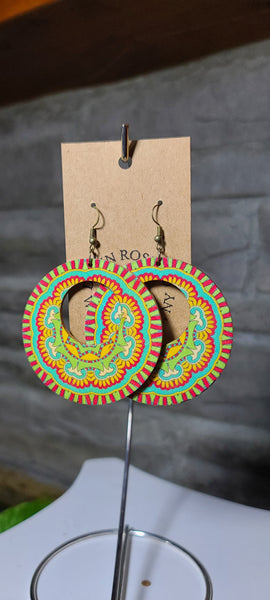 Carnival earrings, lightweight wooden earrings with round cutout, bronze ear wire red yellow green blue