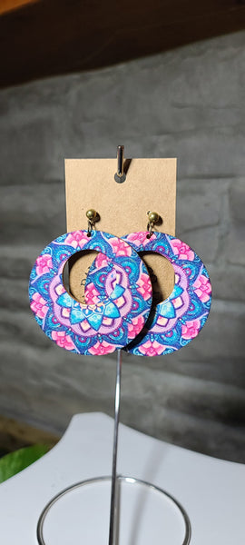 Lightweight round wooden earring with round cutout, floral mandala pink blue with bronze toned stud
